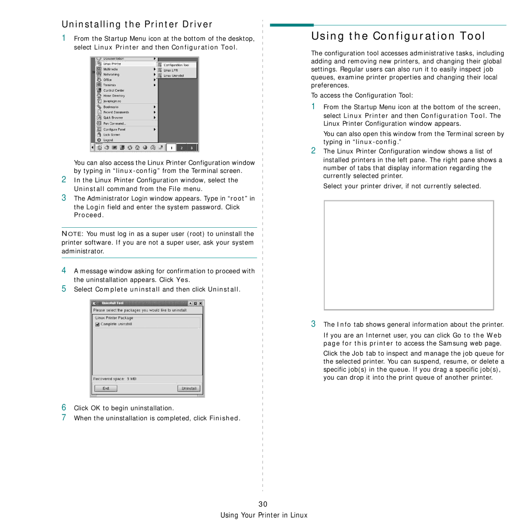 Samsung CLP-300 Series manual Using the Configuration Tool, Uninstalling the Printer Driver 