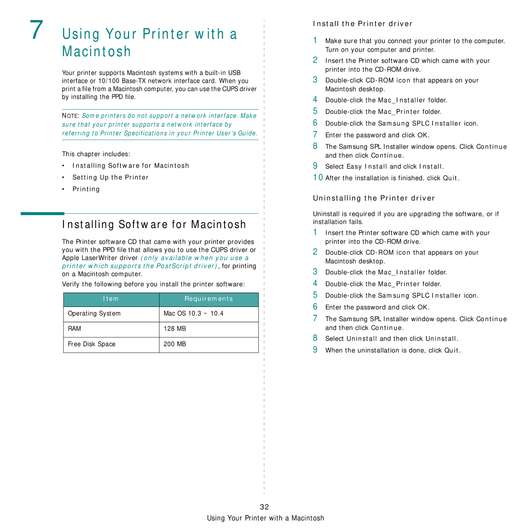 Samsung CLP-300 Series Using Your Printer with a Macintosh, Installing Software for Macintosh, Install the Printer driver 