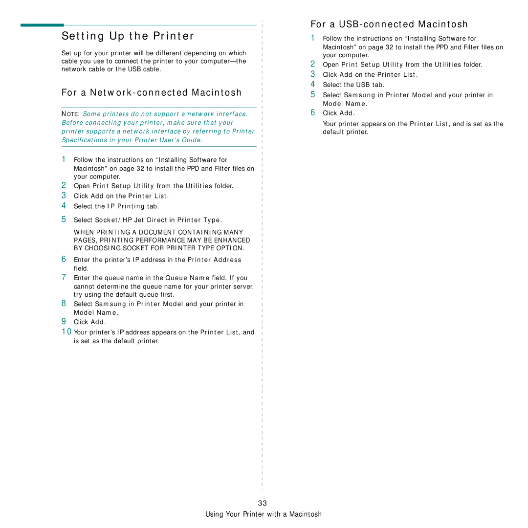 Samsung CLP-300 Series manual Setting Up the Printer, For a Network-connected Macintosh, For a USB-connected Macintosh 