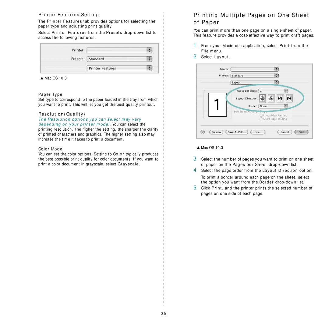 Samsung CLP-300 Series manual Printing Multiple Pages on One Sheet of Paper, Printer Features Setting, ResolutionQuality 