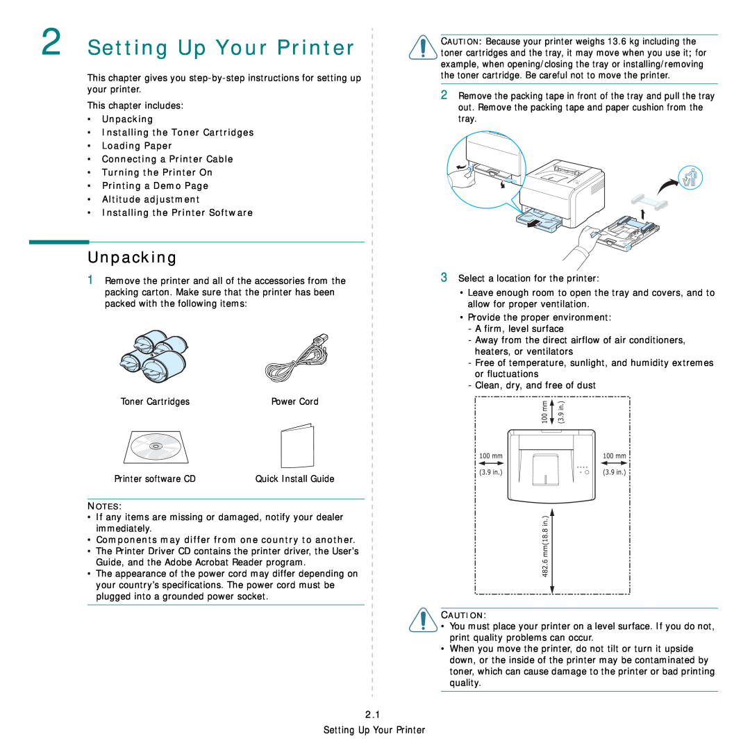 Samsung CLP-300 Series manual Setting Up Your Printer, Unpacking Installing the Toner Cartridges Loading Paper 