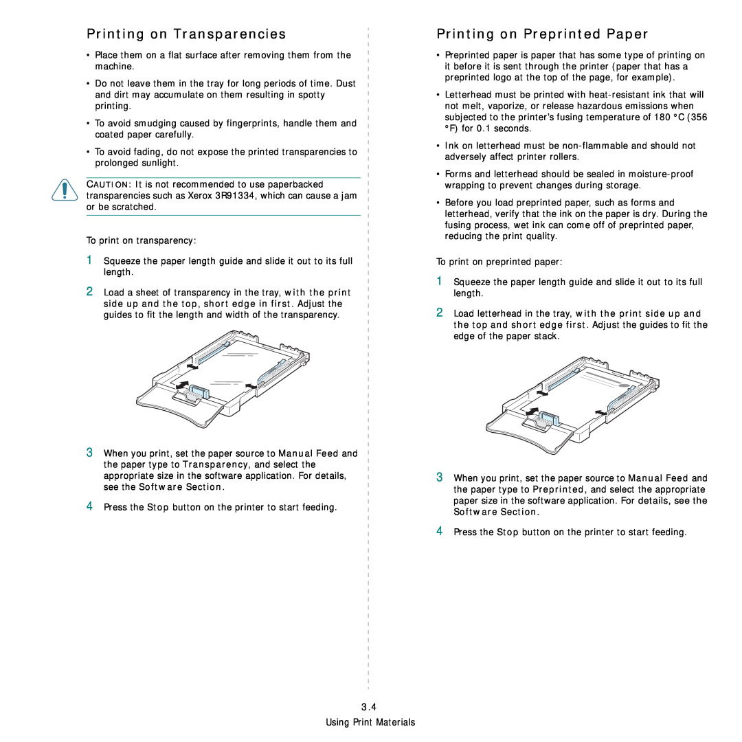 Samsung CLP-300 Series manual Printing on Transparencies, Printing on Preprinted Paper 