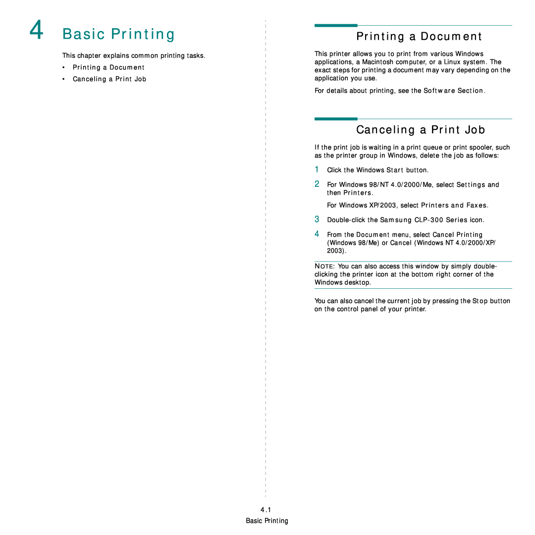 Samsung CLP-300 Series manual Basic Printing, Printing a Document, Canceling a Print Job 