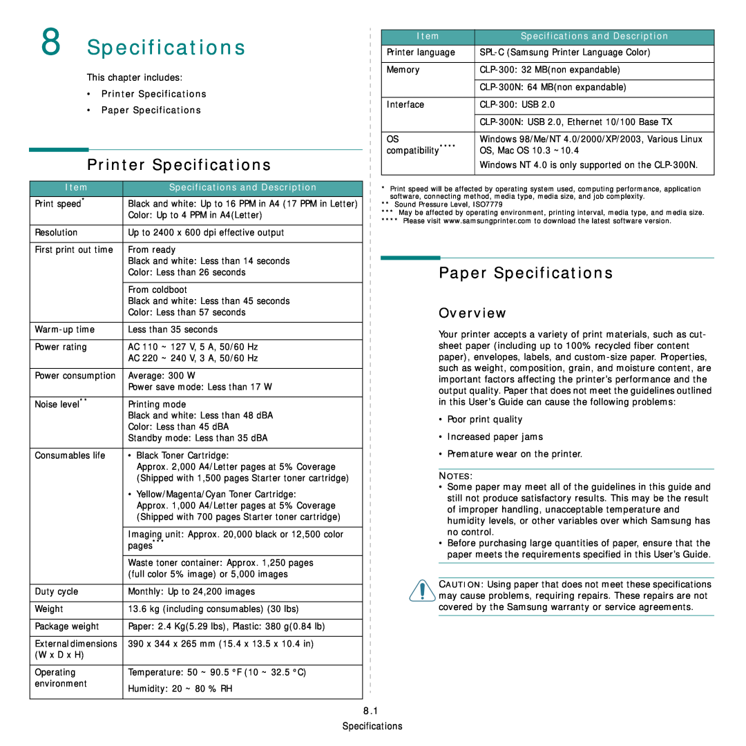 Samsung CLP-300 Series manual Printer Specifications, Paper Specifications, Overview, Specifications and Description 