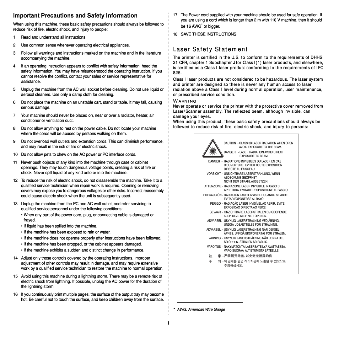 Samsung CLP-300 Series manual Laser Safety Statement, Important Precautions and Safety Information 
