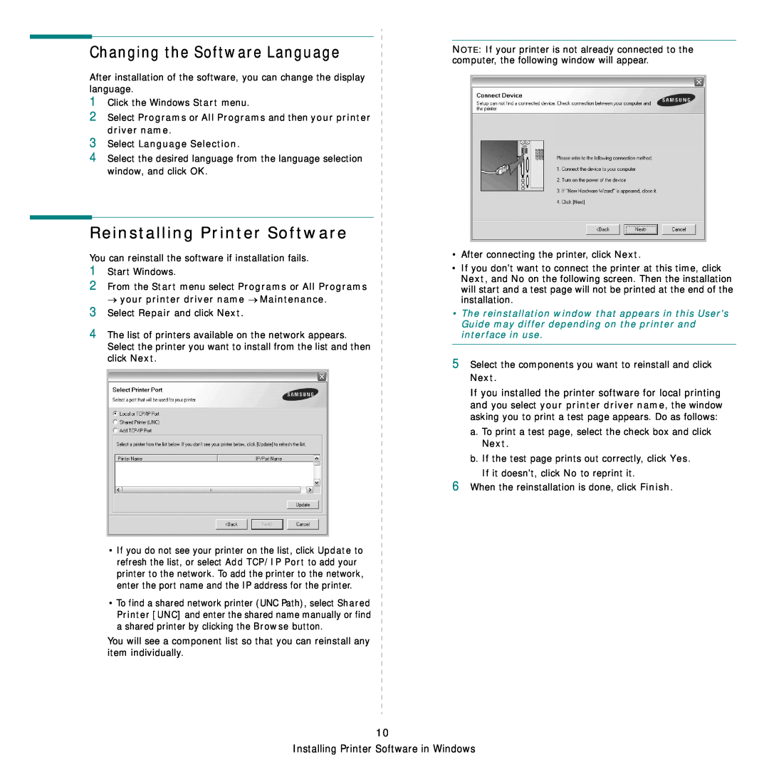 Samsung CLP-300 Series manual Changing the Software Language, Reinstalling Printer Software, Select Language Selection 