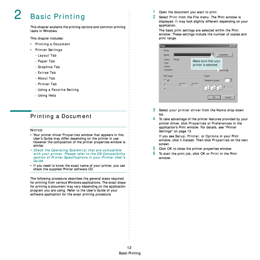 Samsung CLP-300 Series manual Basic Printing, Printing a Document Printer Settings Layout Tab Paper Tab 