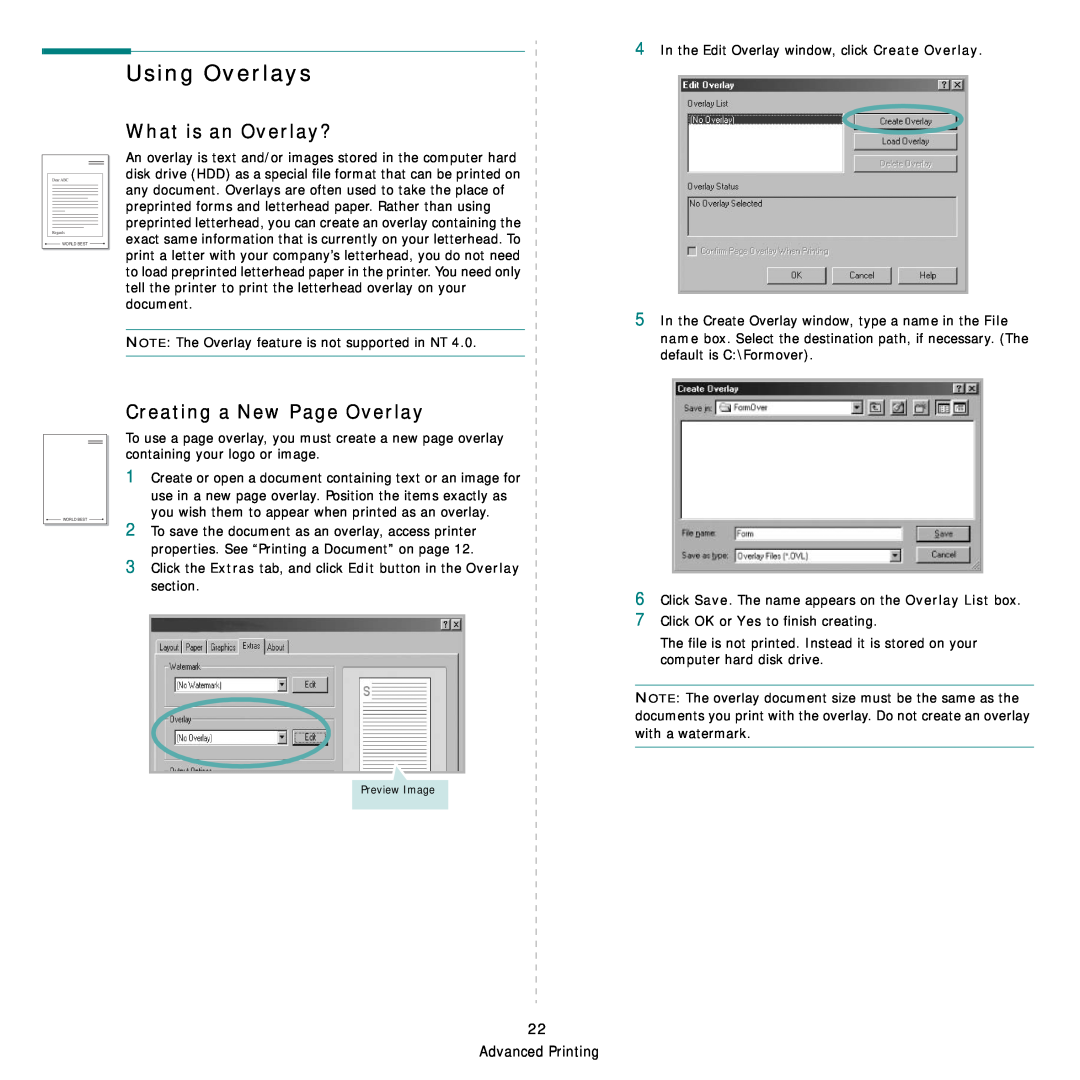 Samsung CLP-300 Series manual Using Overlays, What is an Overlay?, Creating a New Page Overlay 