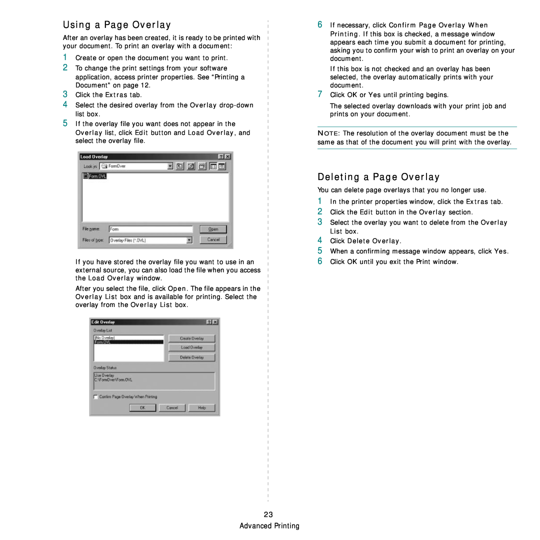 Samsung CLP-300 Series manual Using a Page Overlay, Deleting a Page Overlay, Click Delete Overlay 