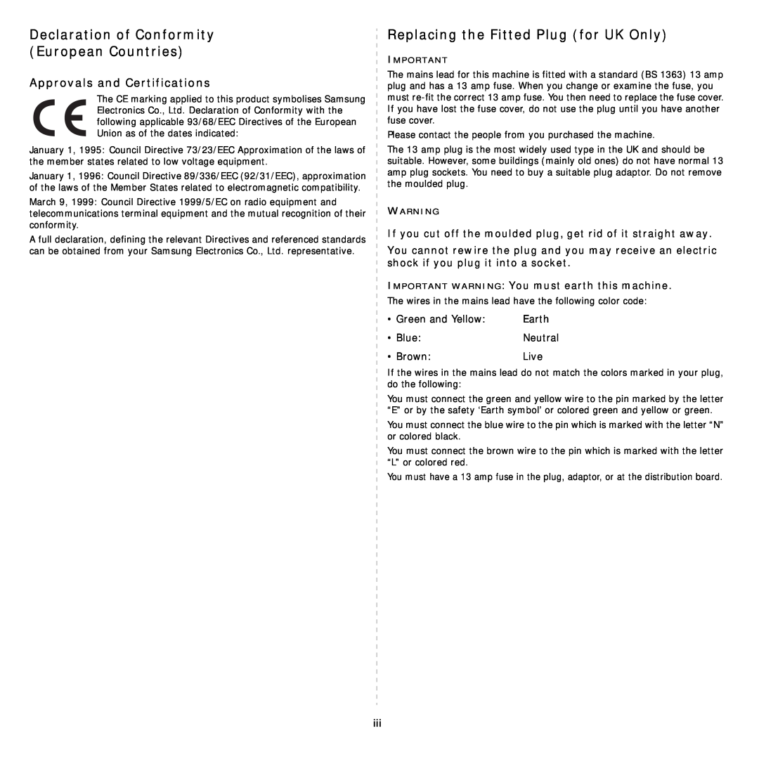 Samsung CLP-300 Series manual Declaration of Conformity European Countries, Replacing the Fitted Plug for UK Only 