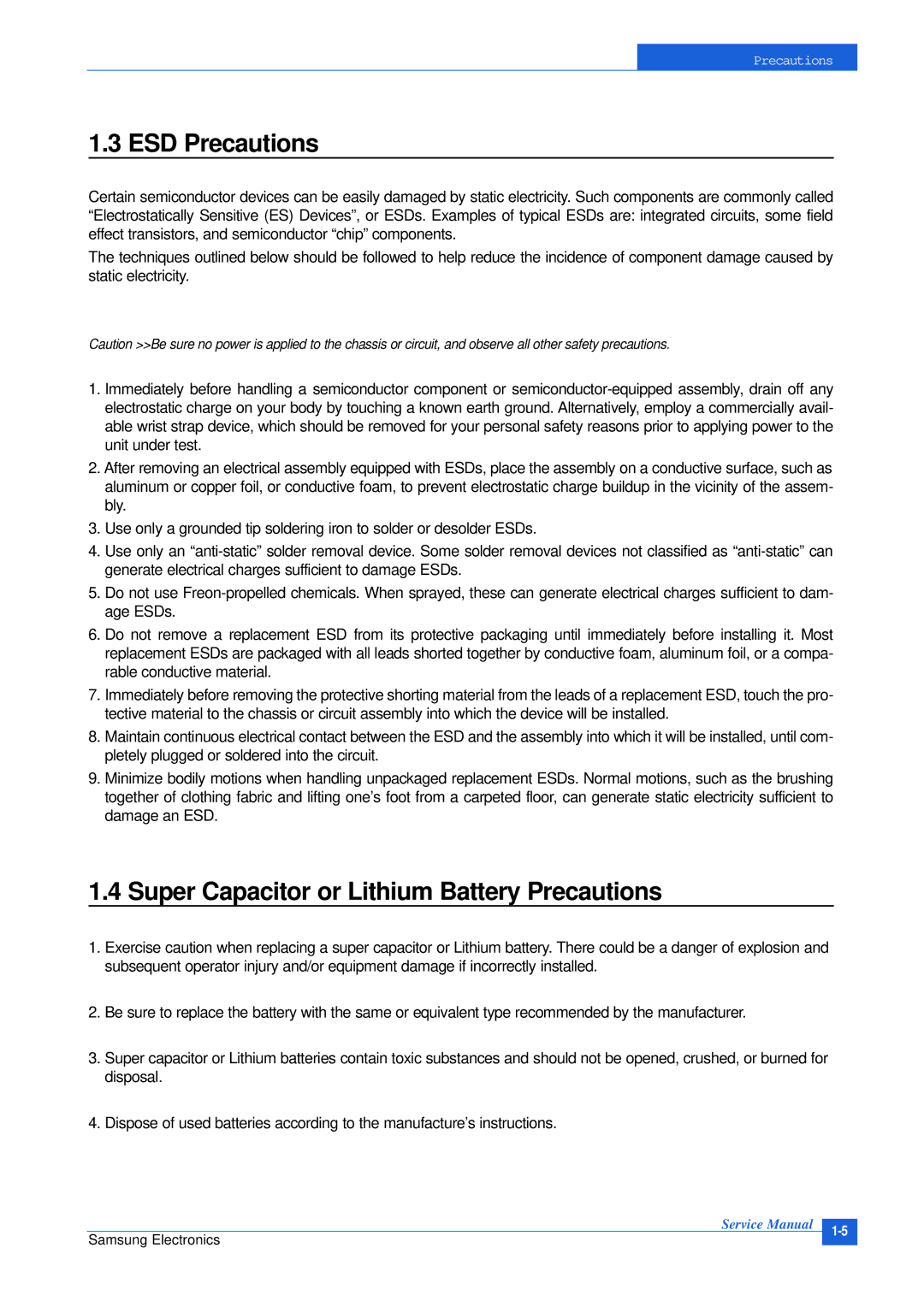 Samsung CLP-300 XSG manual ESD Precautions, Super Capacitor or Lithium Battery Precautions 