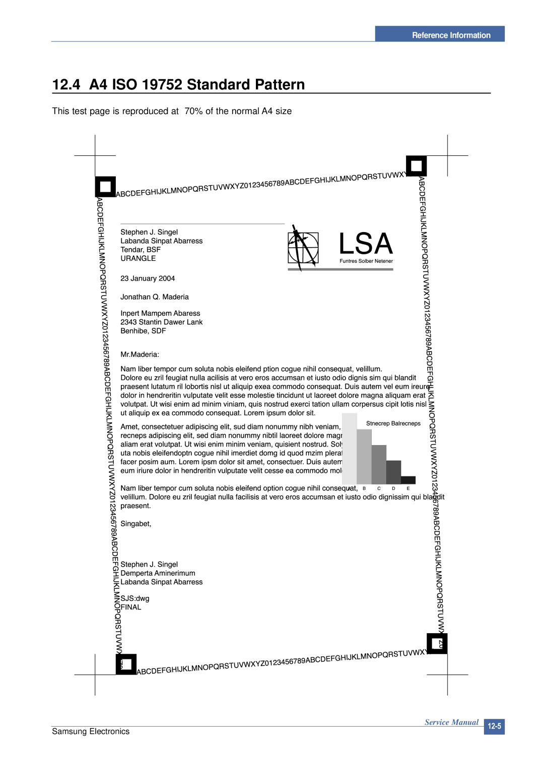 Samsung CLP-300 XSG manual 12.4 A4 ISO 19752 Standard Pattern, This test page is reproduced at 70% of the normal A4 size 