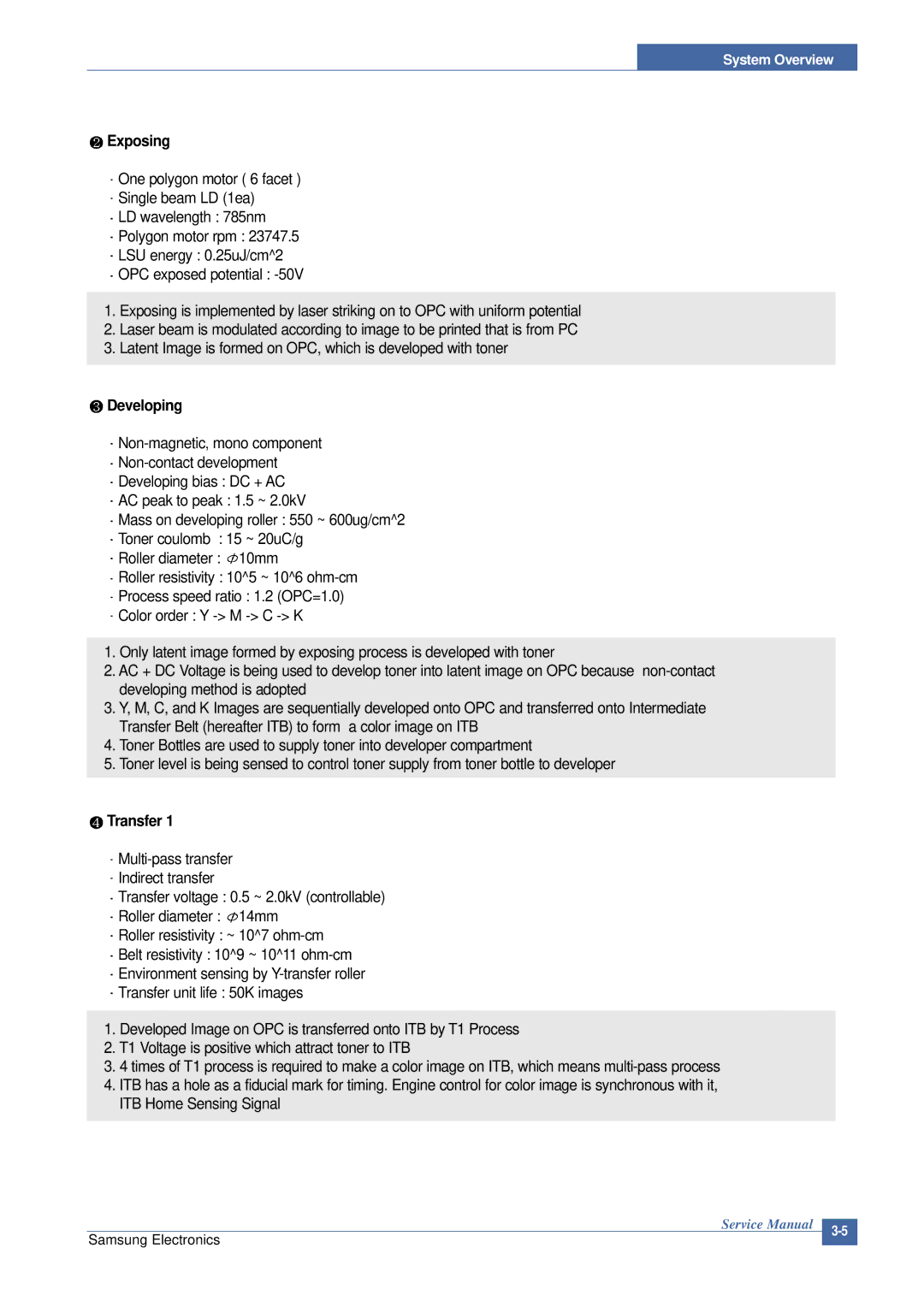 Samsung CLP-300 XSG manual Exposing, Developing, Transfer 