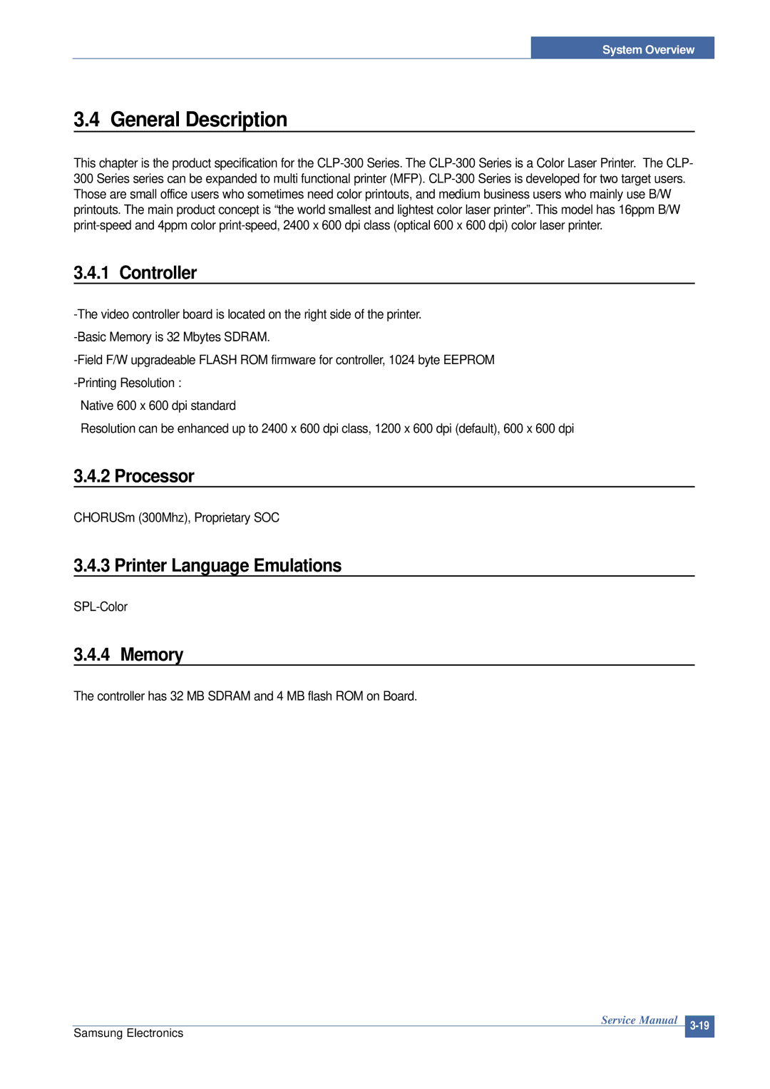 Samsung CLP-300 XSG manual General Description, Controller, Processor, Printer Language Emulations, Memory 