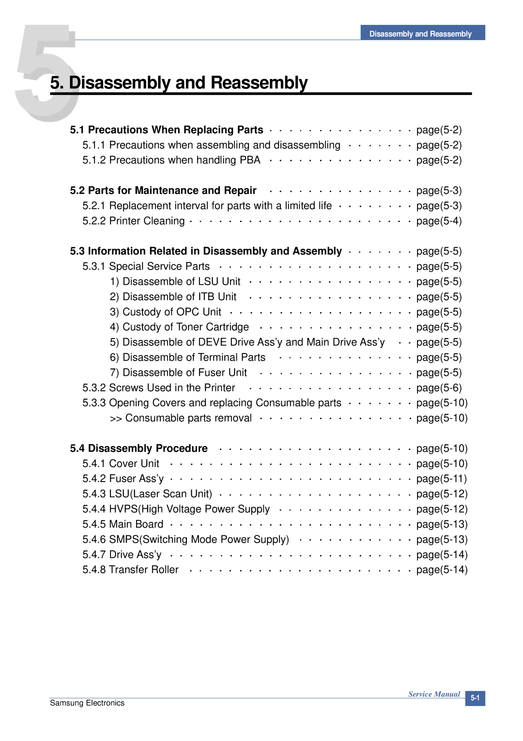 Samsung CLP-300 XSG manual Precautions When Replacing Parts page5-2, Parts for Maintenance and Repair 