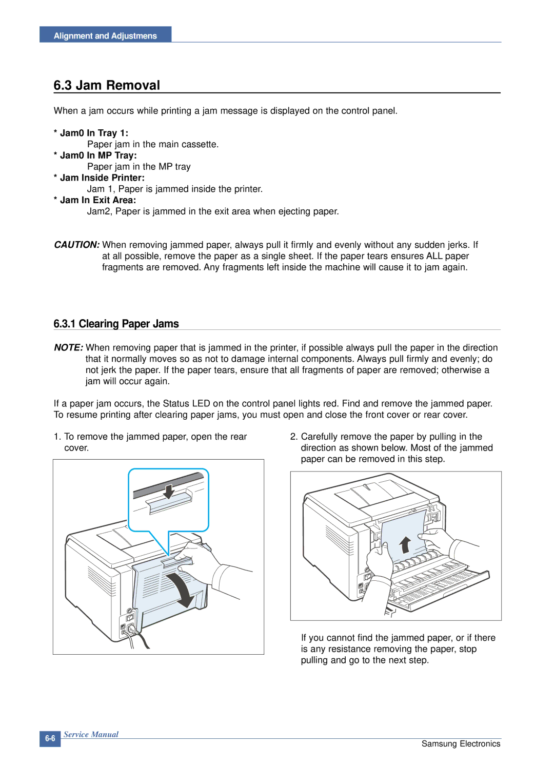 Samsung CLP-300 XSG manual Jam Removal, Clearing Paper Jams 