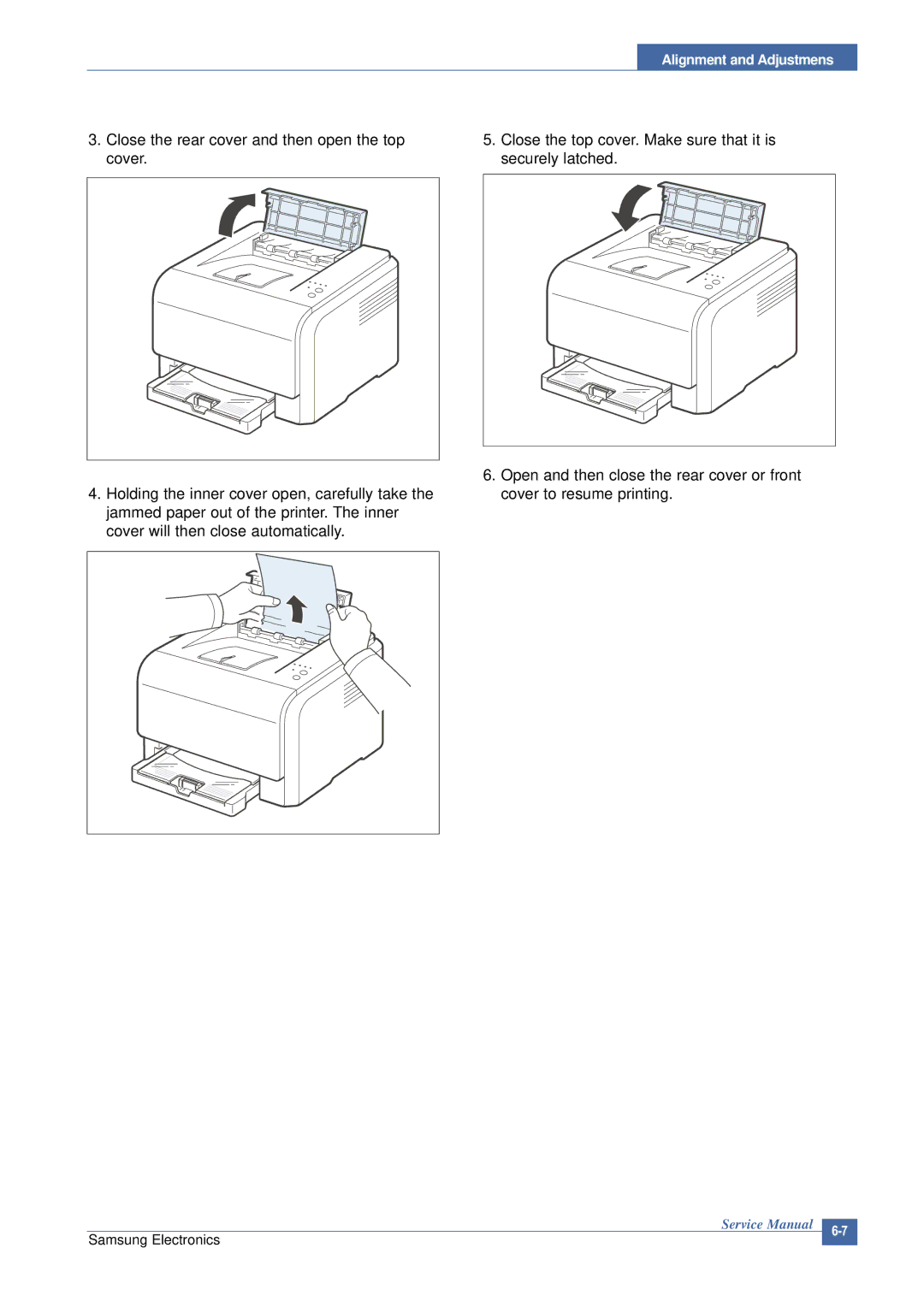 Samsung CLP-300 XSG manual Close the rear cover and then open the top cover, Cover will then close automatically 