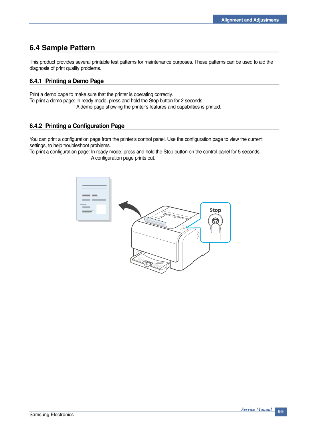 Samsung CLP-300 XSG manual Sample Pattern, Printing a Demo, Printing a Configuration 