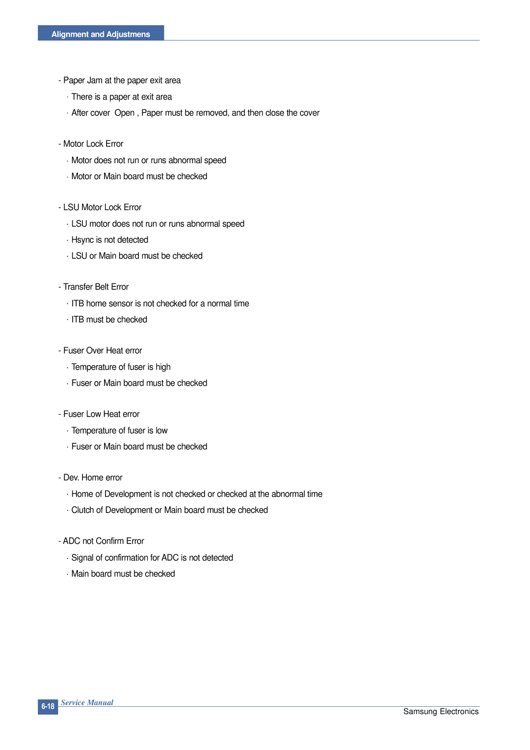 Samsung CLP-300 XSG manual Alignment and Adjustmens 