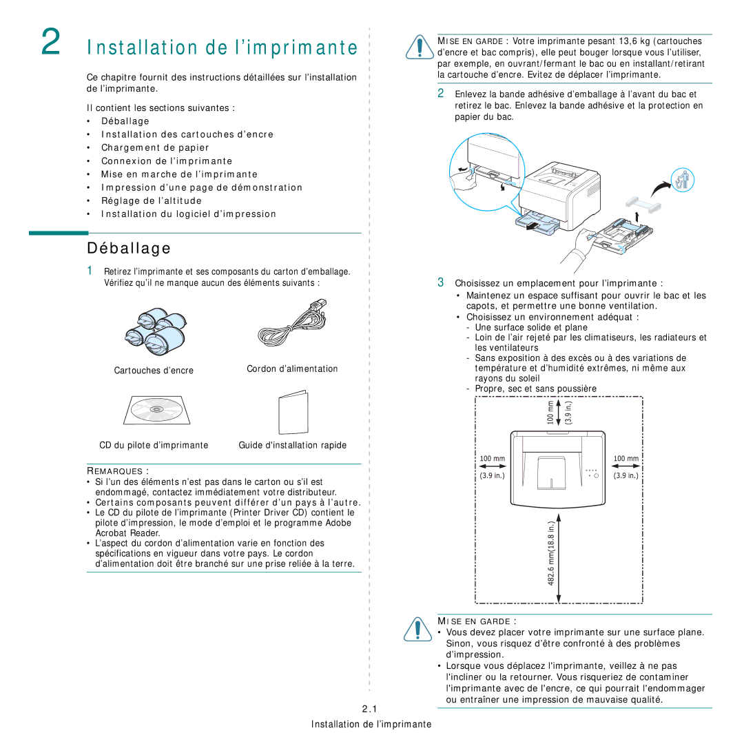 Samsung CLP-300 manual Déballage, Cartouches d’encre, CD du pilote d’imprimante 