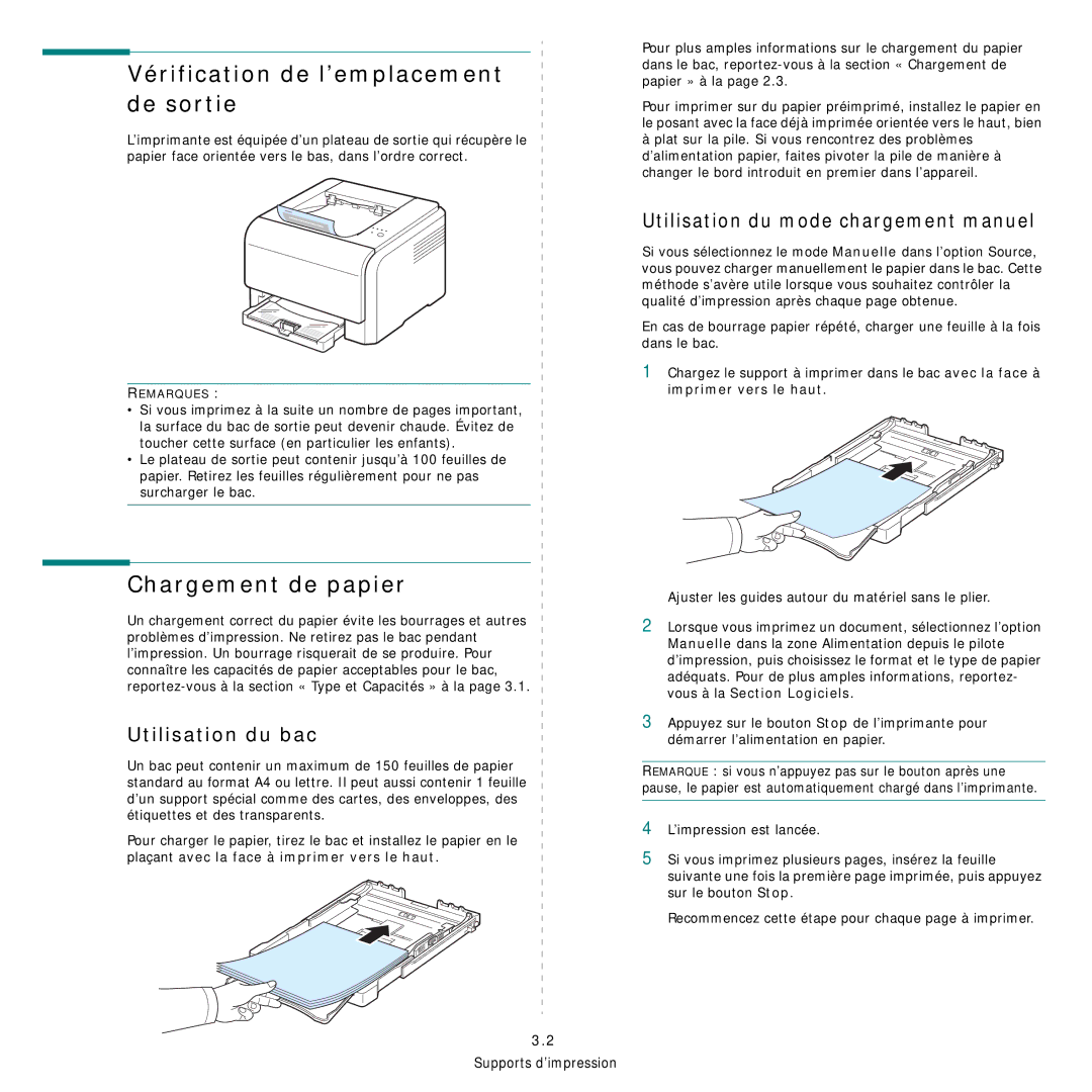 Samsung CLP-300 manual Vérification de l’emplacement de sortie, Utilisation du mode chargement manuel, Utilisation du bac 