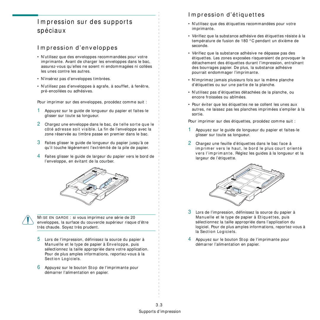 Samsung CLP-300 manual Impression sur des supports spéciaux, Impression d’enveloppes, Impression d’étiquettes 