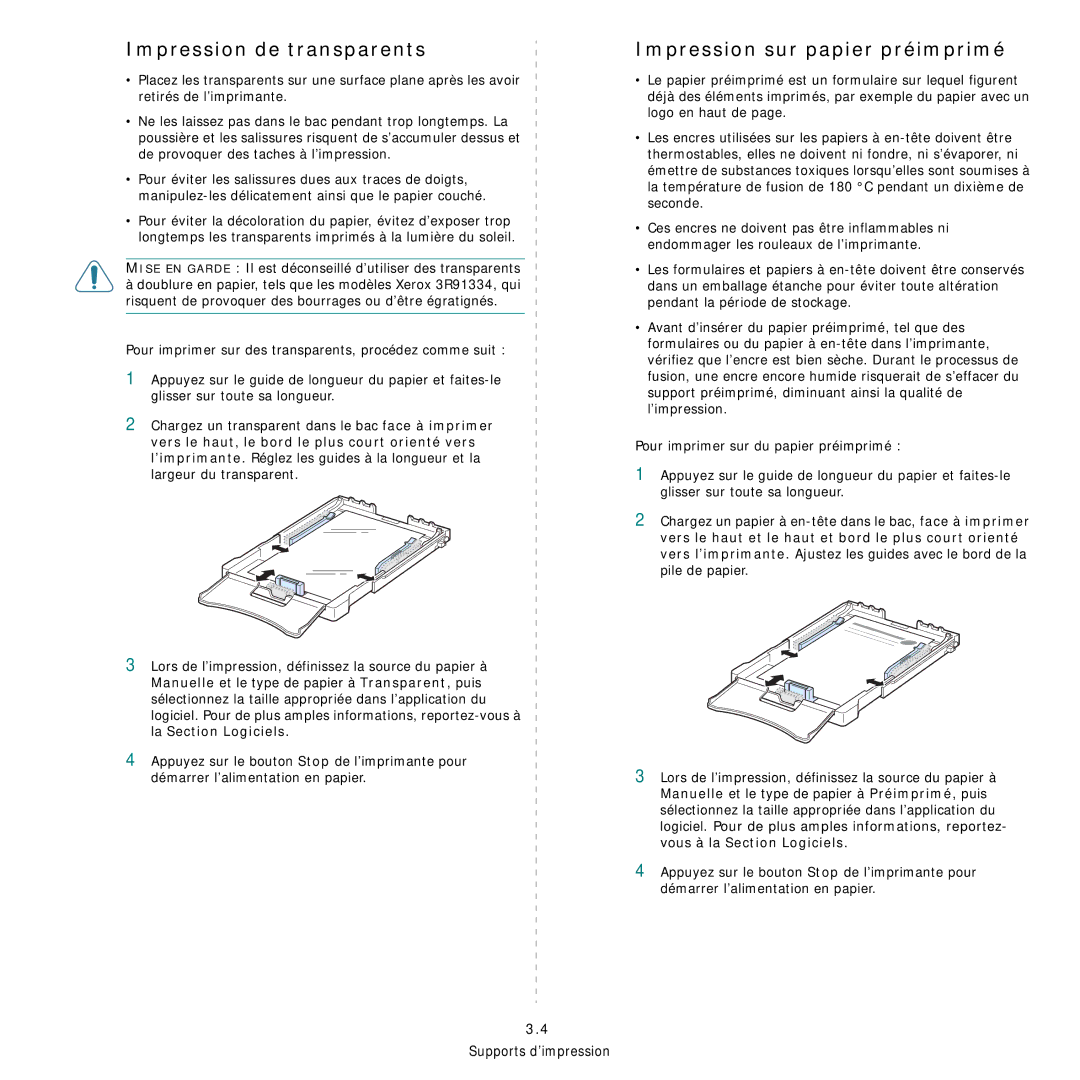 Samsung CLP-300 manual Impression de transparents, Impression sur papier préimprimé 