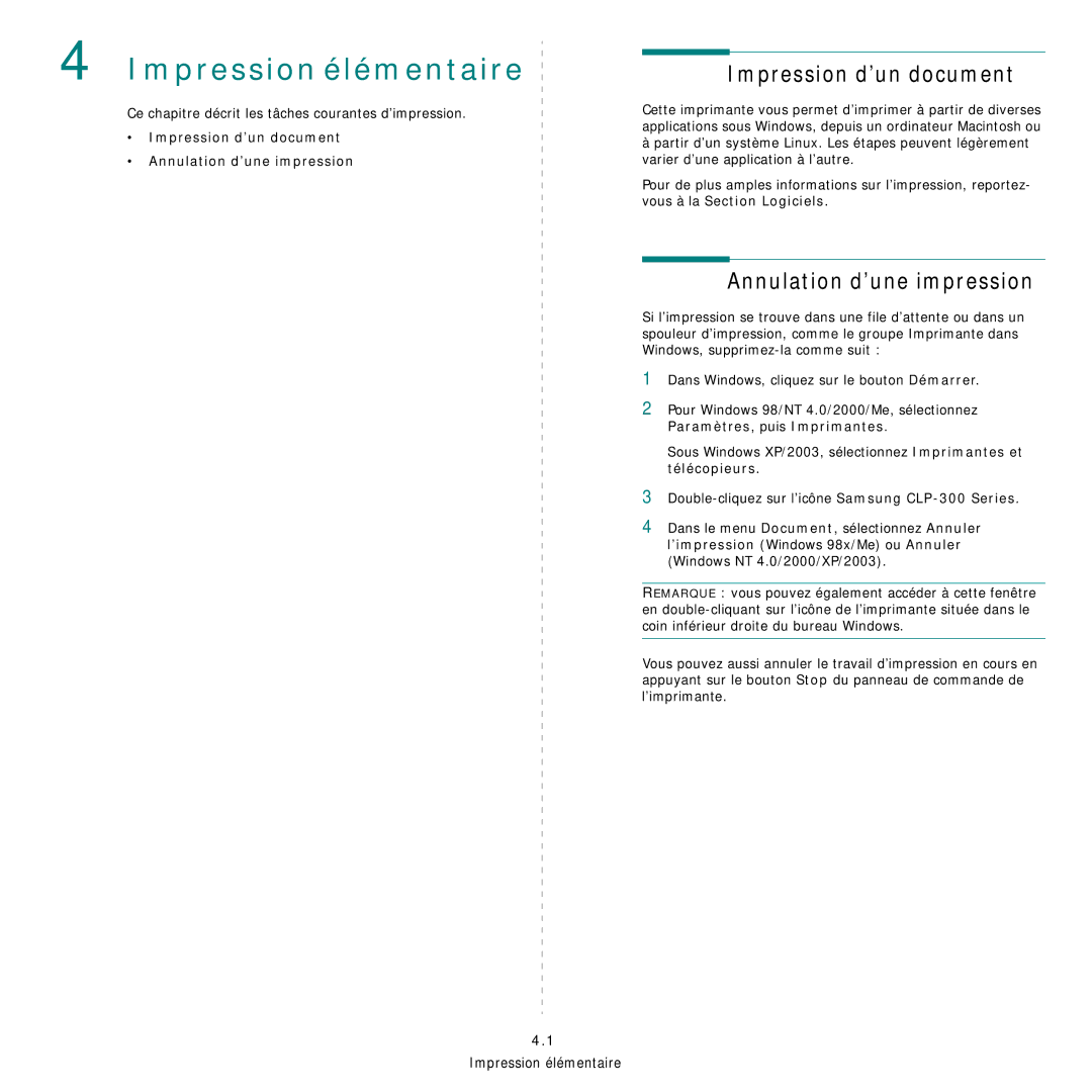 Samsung CLP-300 manual Impression élémentaire, Ce chapitre décrit les tâches courantes d’impression 