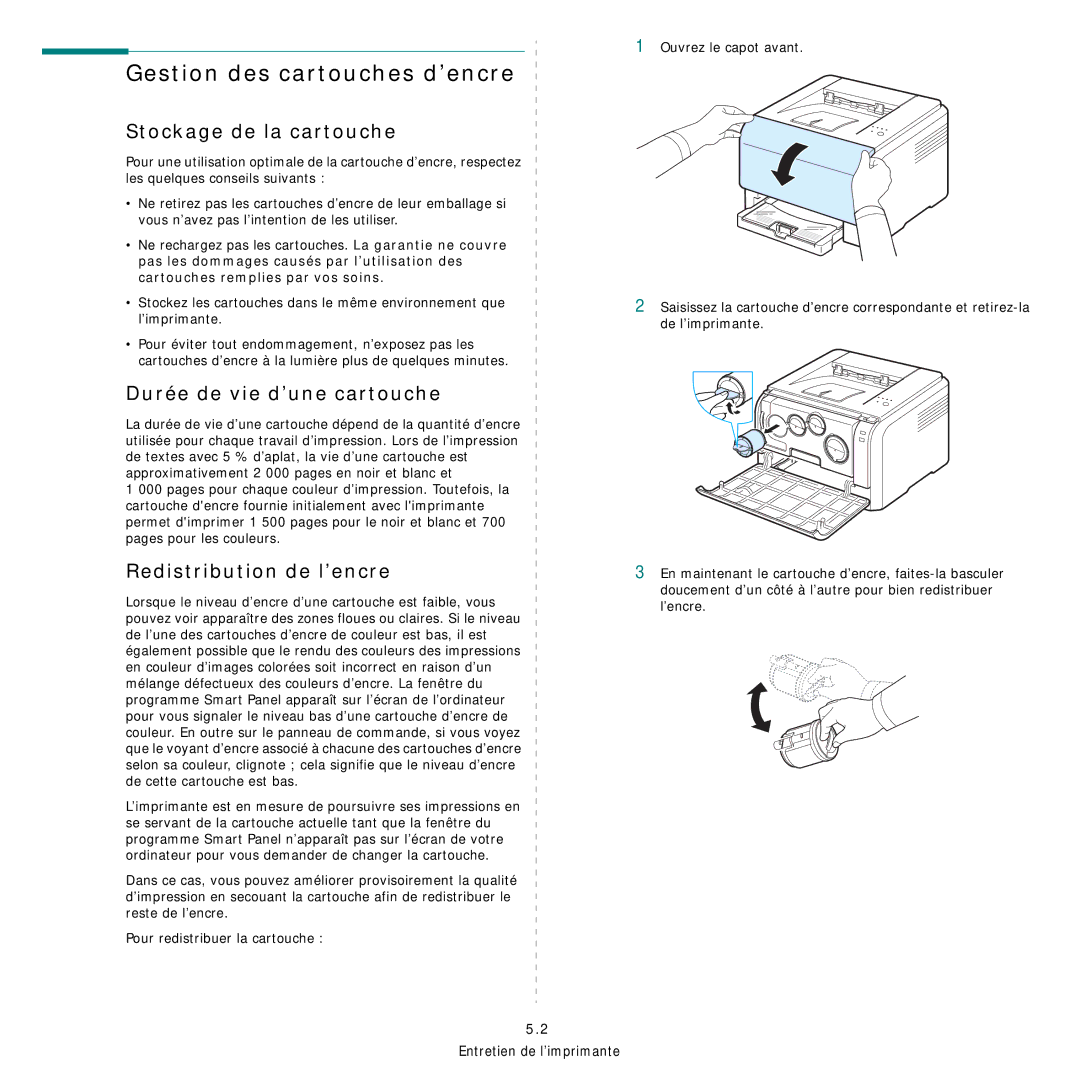 Samsung CLP-300 manual Gestion des cartouches d’encre, Stockage de la cartouche, Durée de vie d’une cartouche 