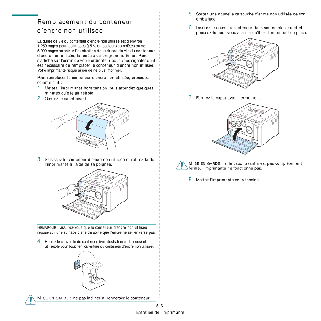 Samsung CLP-300 manual Remplacement du conteneur d’encre non utilisée 