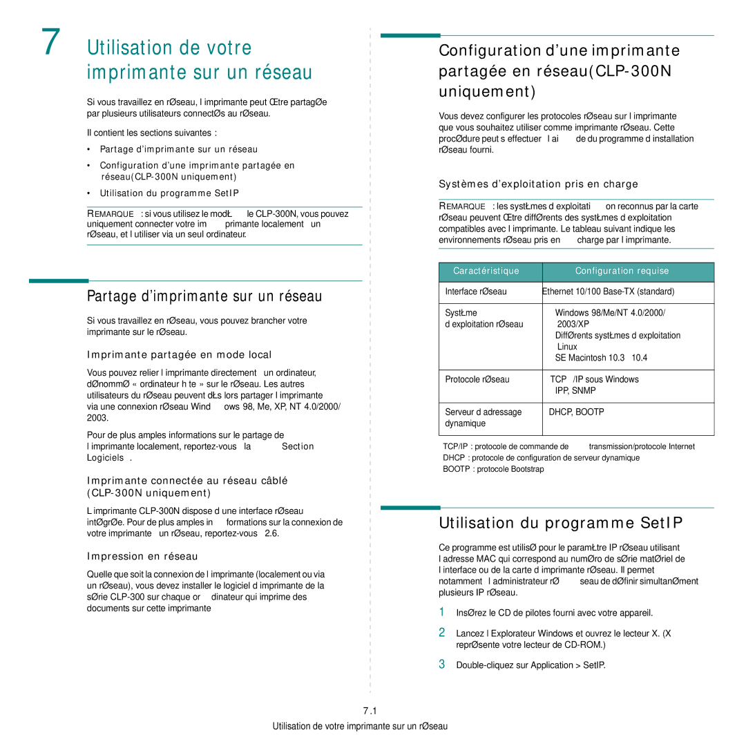 Samsung CLP-300 manual Partage d’imprimante sur un réseau, Utilisation du programme SetIP 