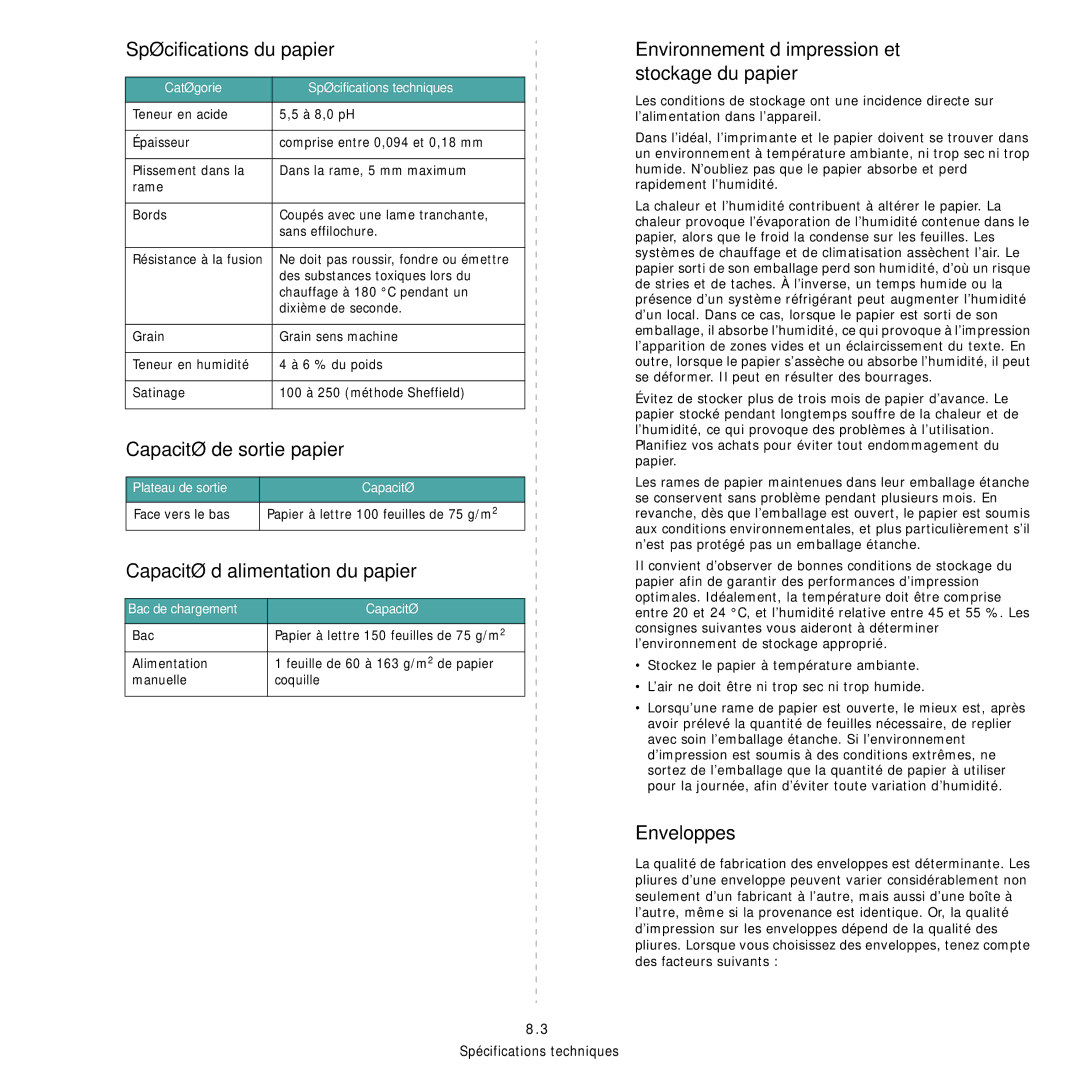 Samsung CLP-300 manual Spécifications du papier, Capacité de sortie papier, Capacité d’alimentation du papier, Enveloppes 