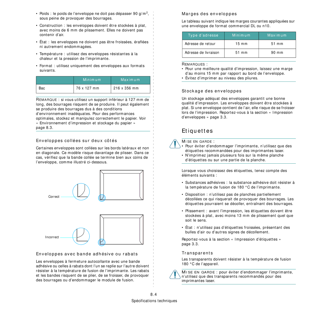 Samsung CLP-300 manual Etiquettes, Enveloppes collées sur deux côtés, Marges des enveloppes, Stockage des enveloppes 