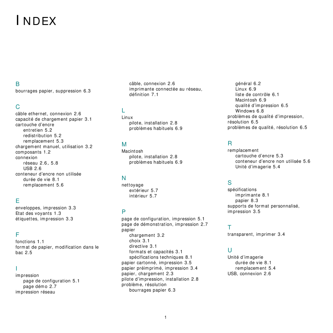 Samsung CLP-300 manual Index, Formats et capacités 3.1 spécifications techniques 