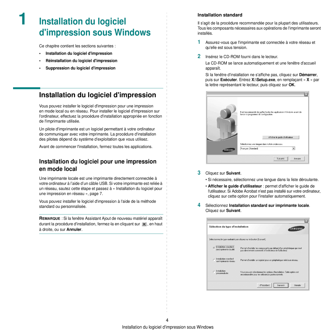 Samsung CLP-300 manual Installation du logiciel dimpression, Installation du logiciel pour une impression en mode local 