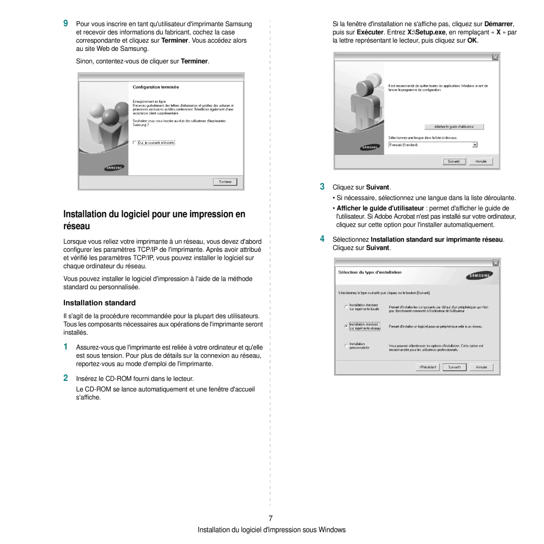 Samsung CLP-300 manual Installation du logiciel pour une impression en réseau 