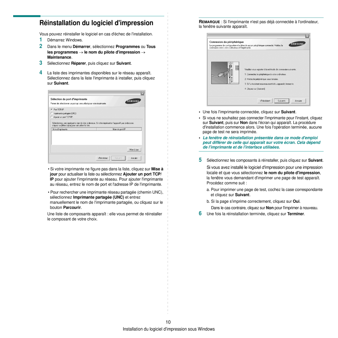 Samsung CLP-300 manual Réinstallation du logiciel dimpression 