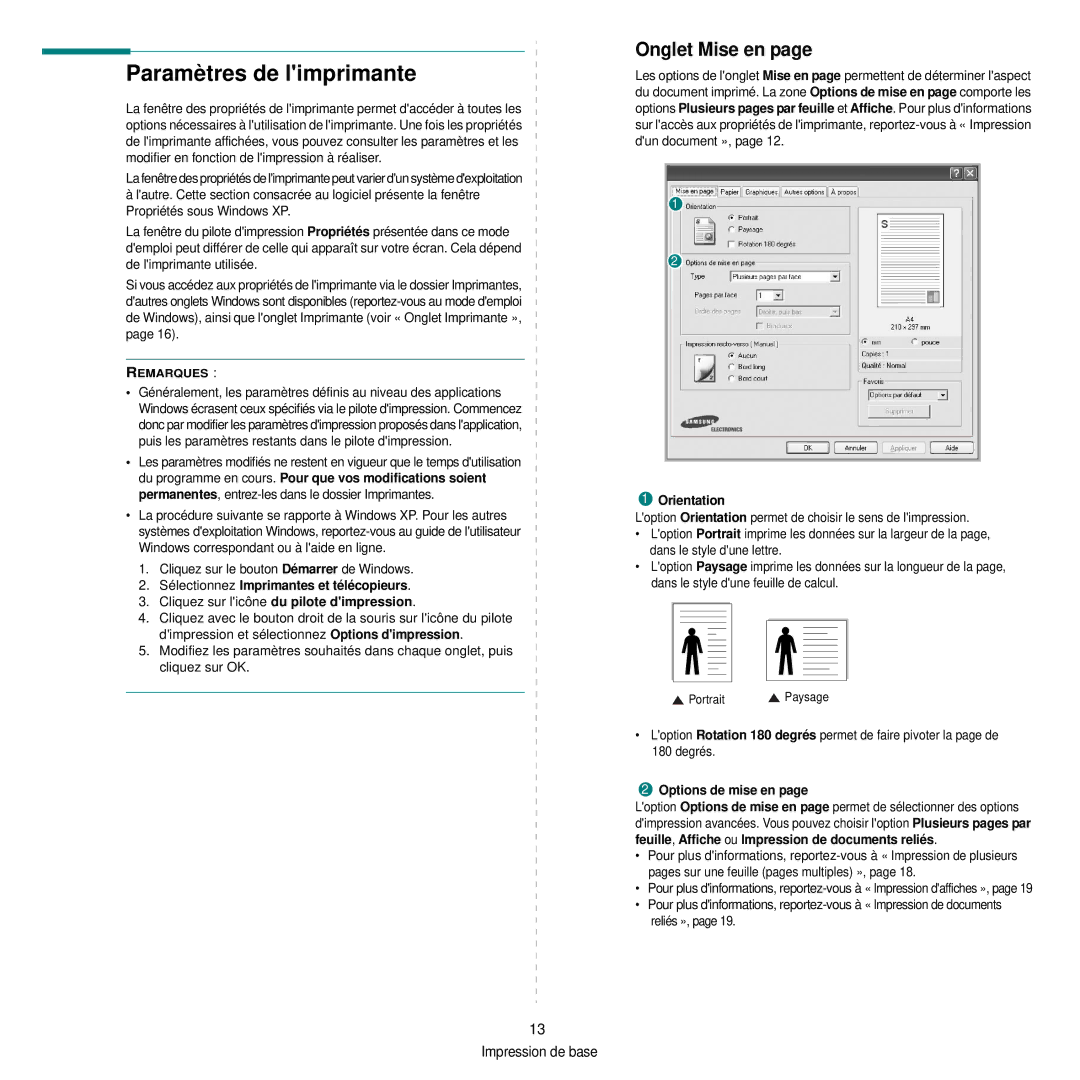 Samsung CLP-300 manual Paramètres de limprimante, Onglet Mise en, Orientation, Options de mise en 