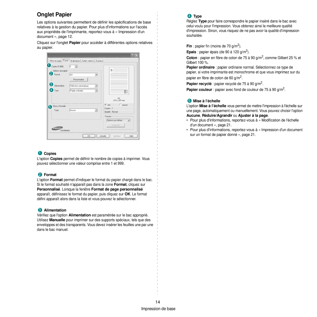 Samsung CLP-300 manual Onglet Papier 