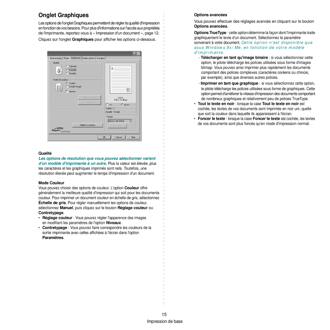 Samsung CLP-300 manual Onglet Graphiques, Qualité, Mode Couleur, Contretypage, Paramètres Options avancées 