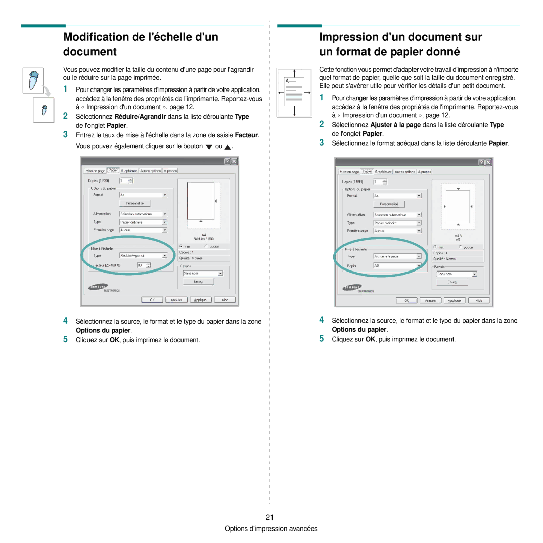 Samsung CLP-300 manual Modification de léchelle dun document, Impression dun document sur un format de papier donné 