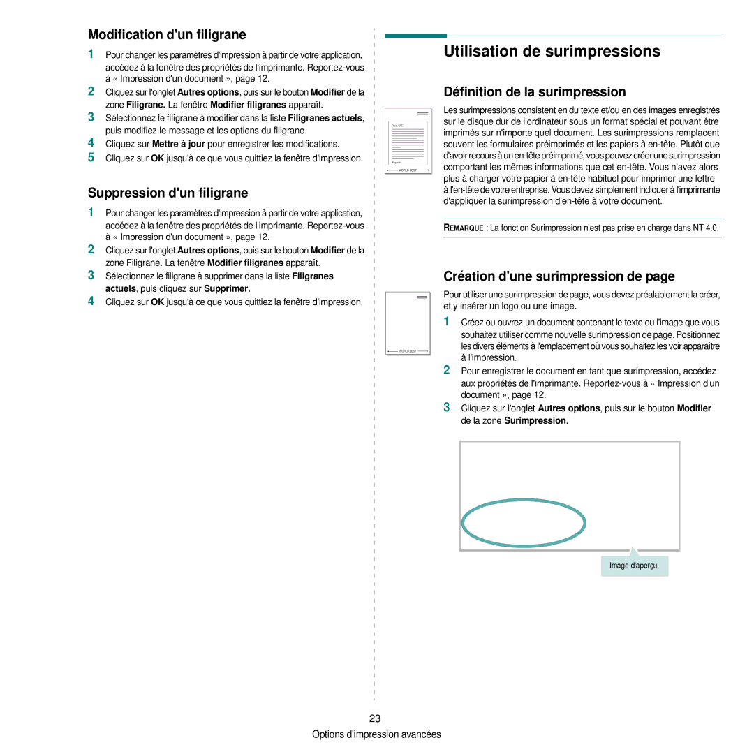 Samsung CLP-300 manual Utilisation de surimpressions, Modification dun filigrane, Suppression dun filigrane 