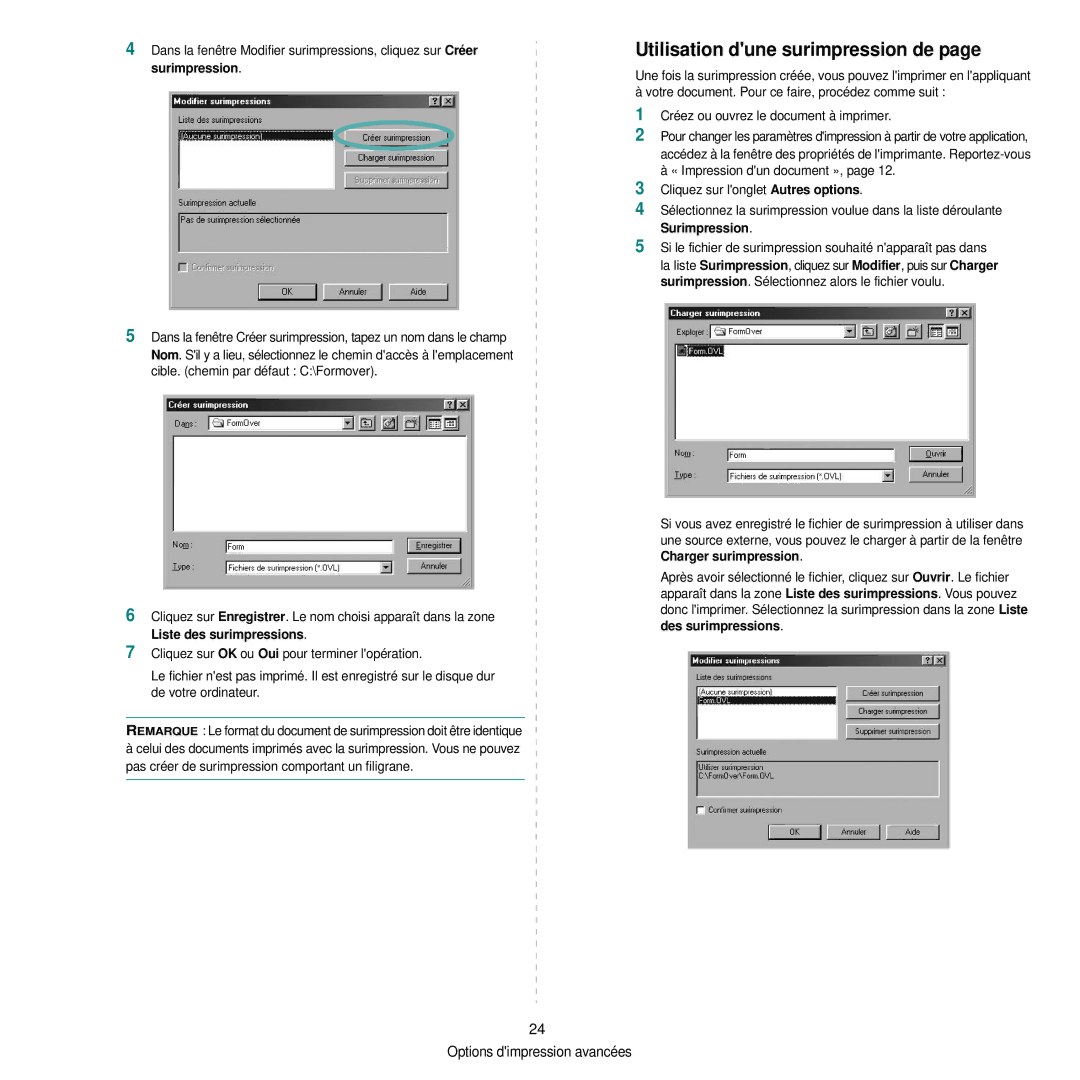 Samsung CLP-300 manual Utilisation dune surimpression de, Liste des surimpressions 