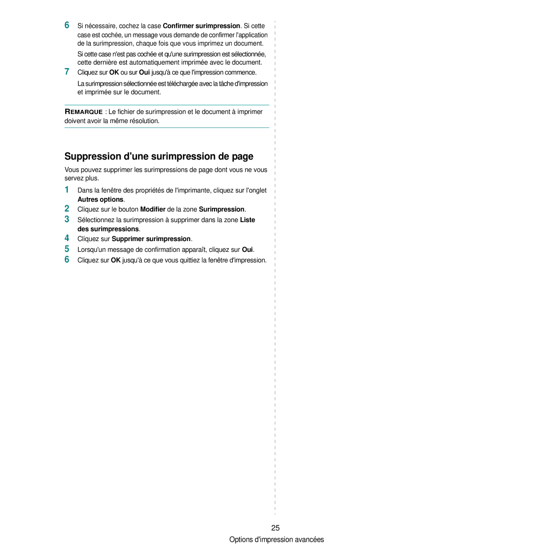 Samsung CLP-300 manual Suppression dune surimpression de, Autres options, Cliquez sur Supprimer surimpression 