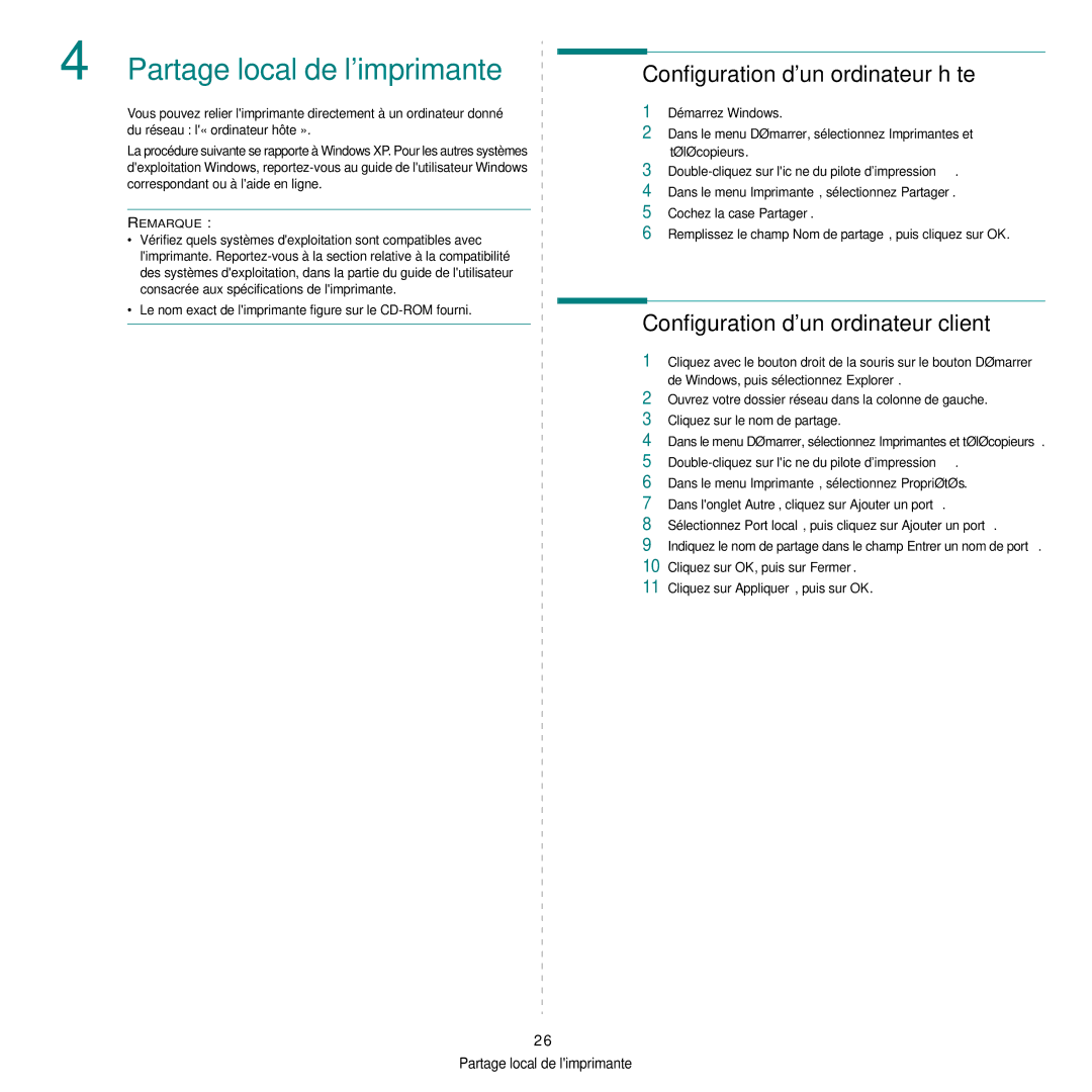 Samsung CLP-300 manual Configuration dun ordinateur hôte, Configuration dun ordinateur client 