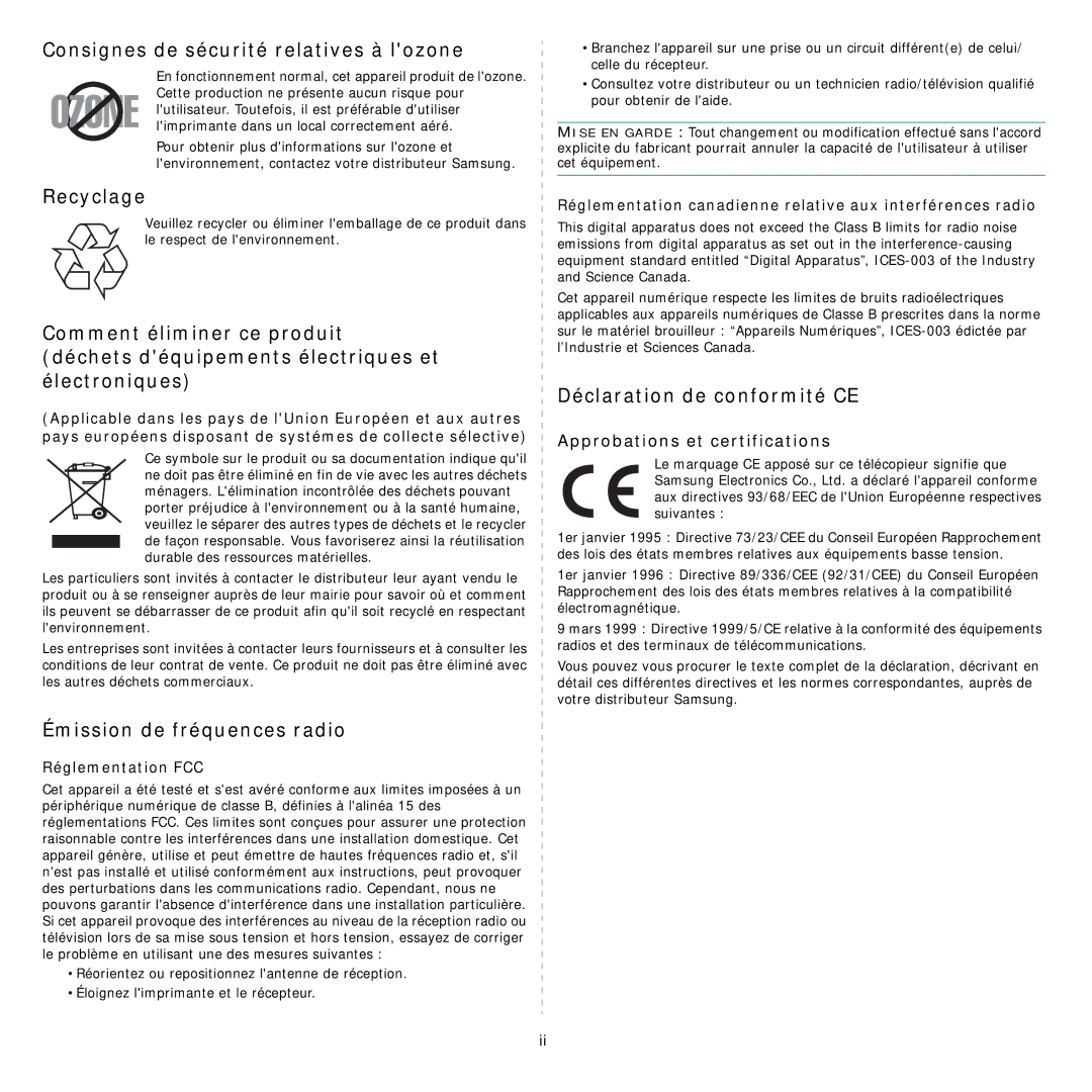 Samsung CLP-300 manual Consignes de sécurité relatives à lozone, Recyclage, Émission de fréquences radio 