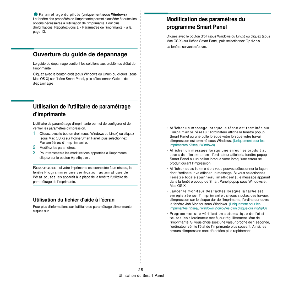 Samsung CLP-300 manual Ouverture du guide de dépannage, Utilisation de lutilitaire de paramétrage dimprimante 