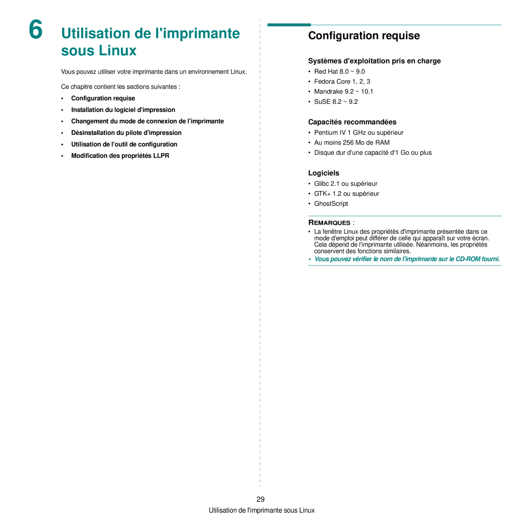 Samsung CLP-300 manual Utilisation de limprimante sous Linux, Configuration requise 