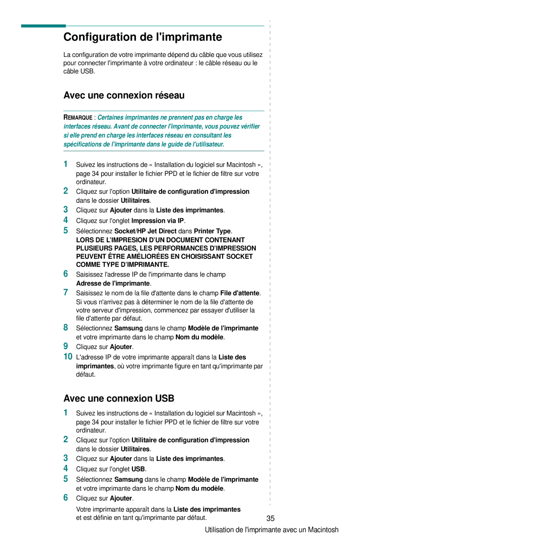 Samsung CLP-300 Configuration de limprimante, Avec une connexion réseau, Avec une connexion USB, Adresse de limprimante 