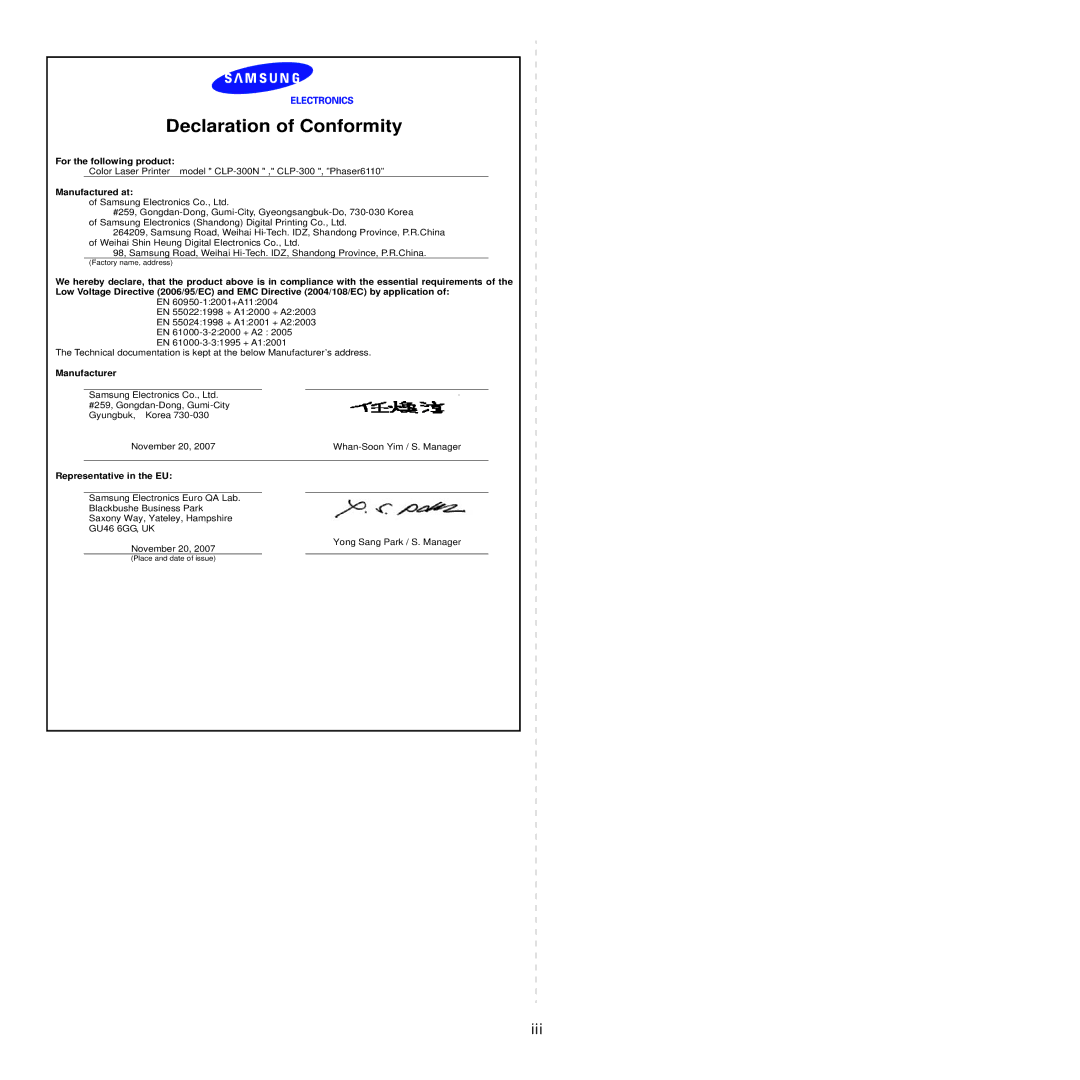 Samsung CLP-300 manual Declaration of Conformity 